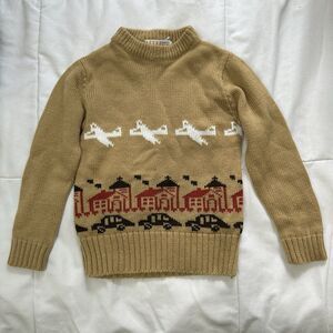 Vtg Airplane Crewneck Sweater Boys Kids 2 Baby 18-24M Tan Knit Retro Car 70s 80s